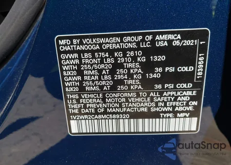 2021 Volkswagen Atlas 3.6L V6 Se W/Technology z USA, uszkodzony, nr VIN 1V2WR2CA8MC589320